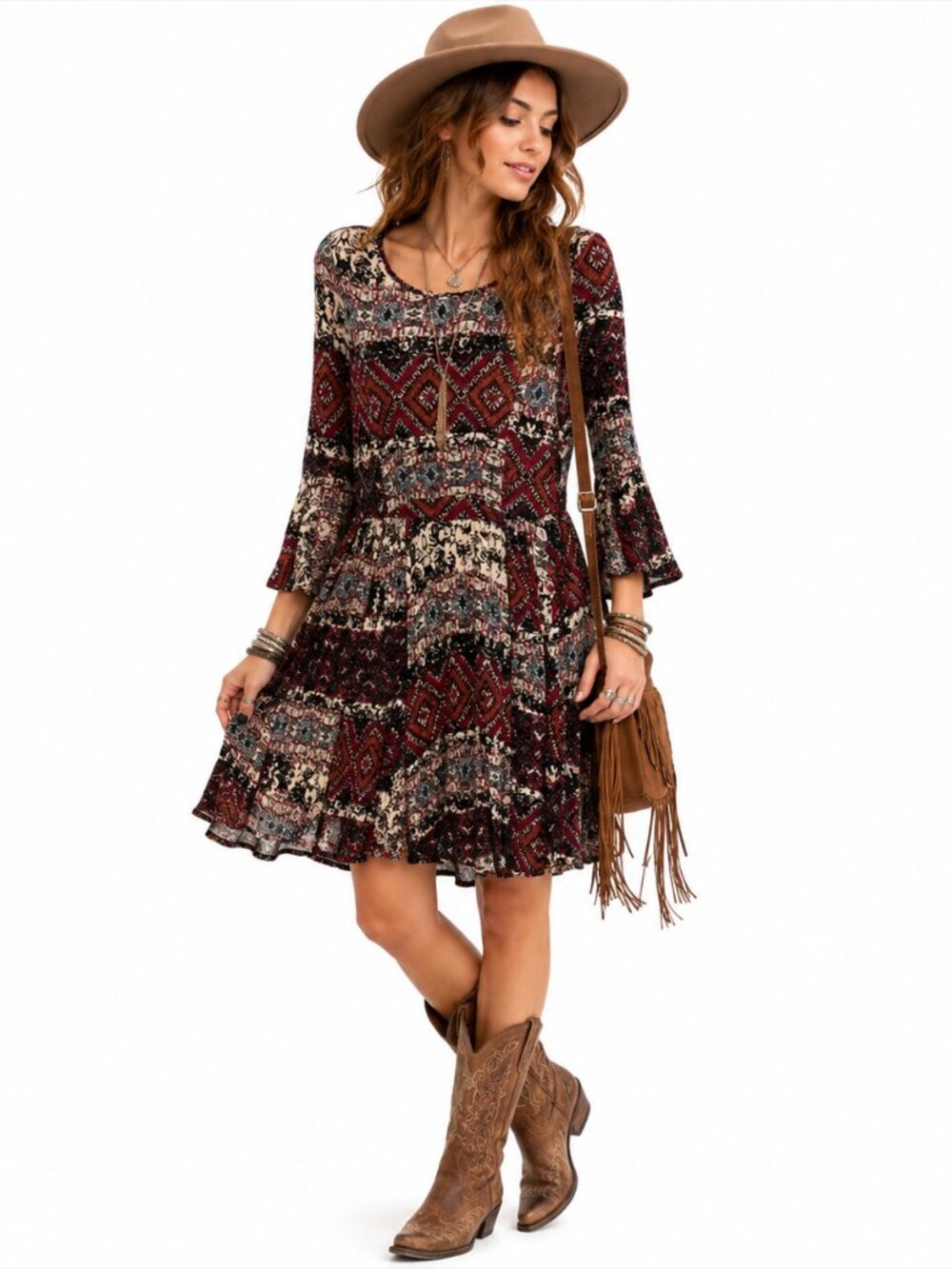 Anthropologie Holding Horses Print Dress Boho Festival 3/4 Sleeve Women‎ S